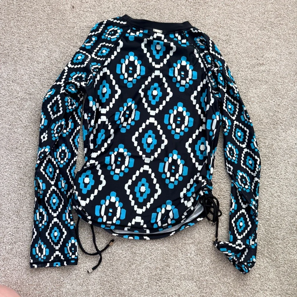 Jones New York Rash Guard Womens Large Blue Black Geometric Cinch Side Swim Top - Picture 2 of 6